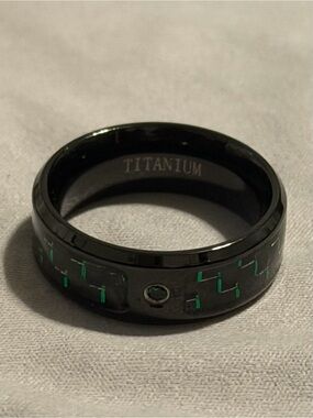 Titanium Black Ring with Emerald Accent and Geometric Green Inlay